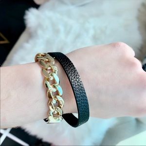 Gold Curb Chain Black Leather Wrap Bracelet